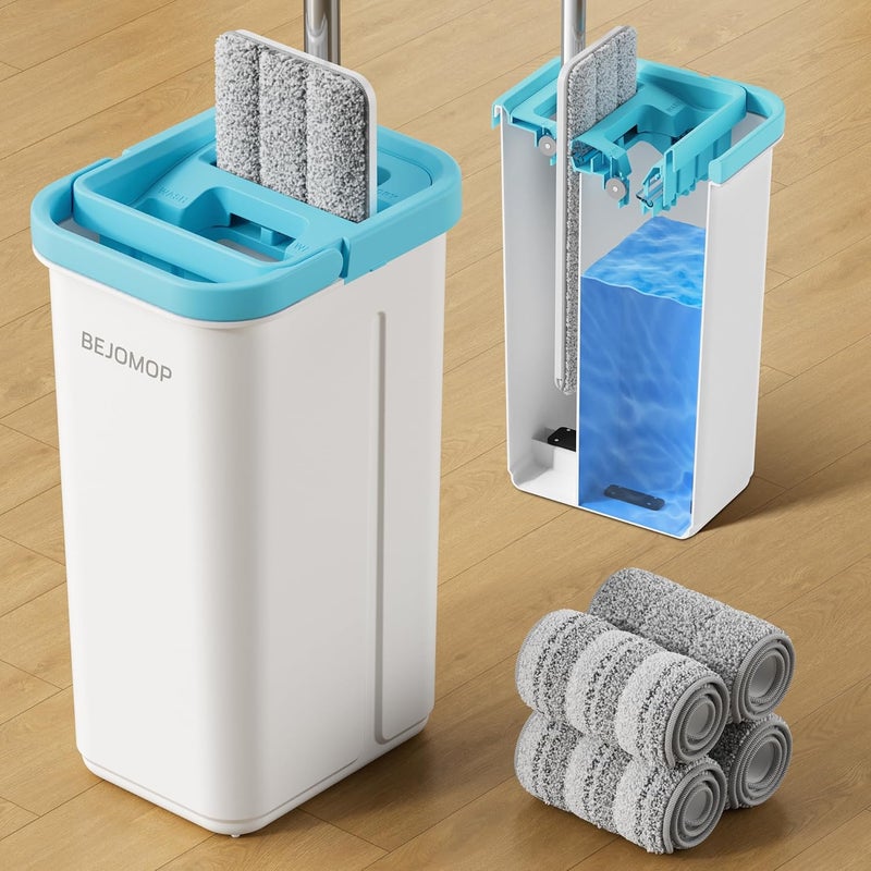 BEJOMOP Mop and Bucket Set with Wringer, Dry & Wet Wall Mop Cleaner with Long Handle, Flat Squeeze Spin Dust Mop for Household Floor Cleaning with 4 Microfiber Mops, Turquoise-Cyan - Image 1
